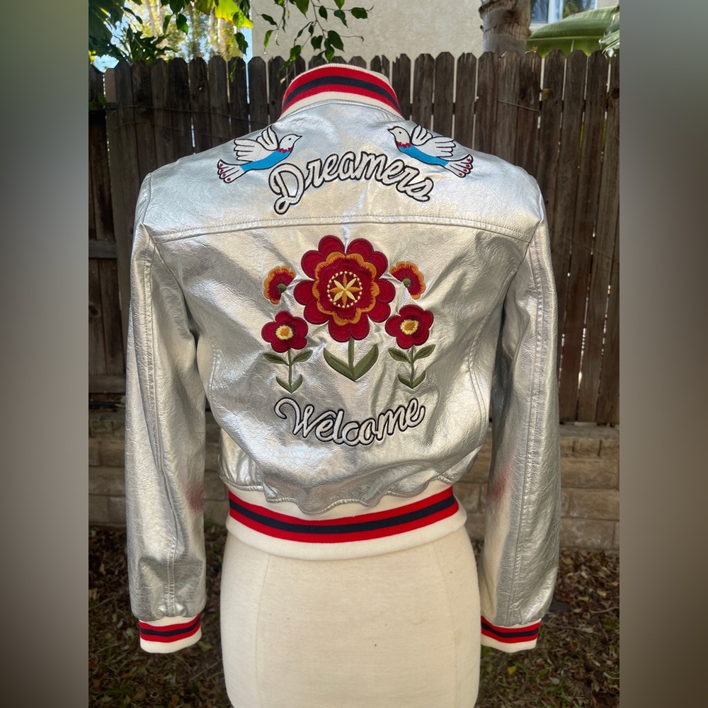 Forever 21 Silver Embroidered Women's Jacket rocker punk festival biker y2k